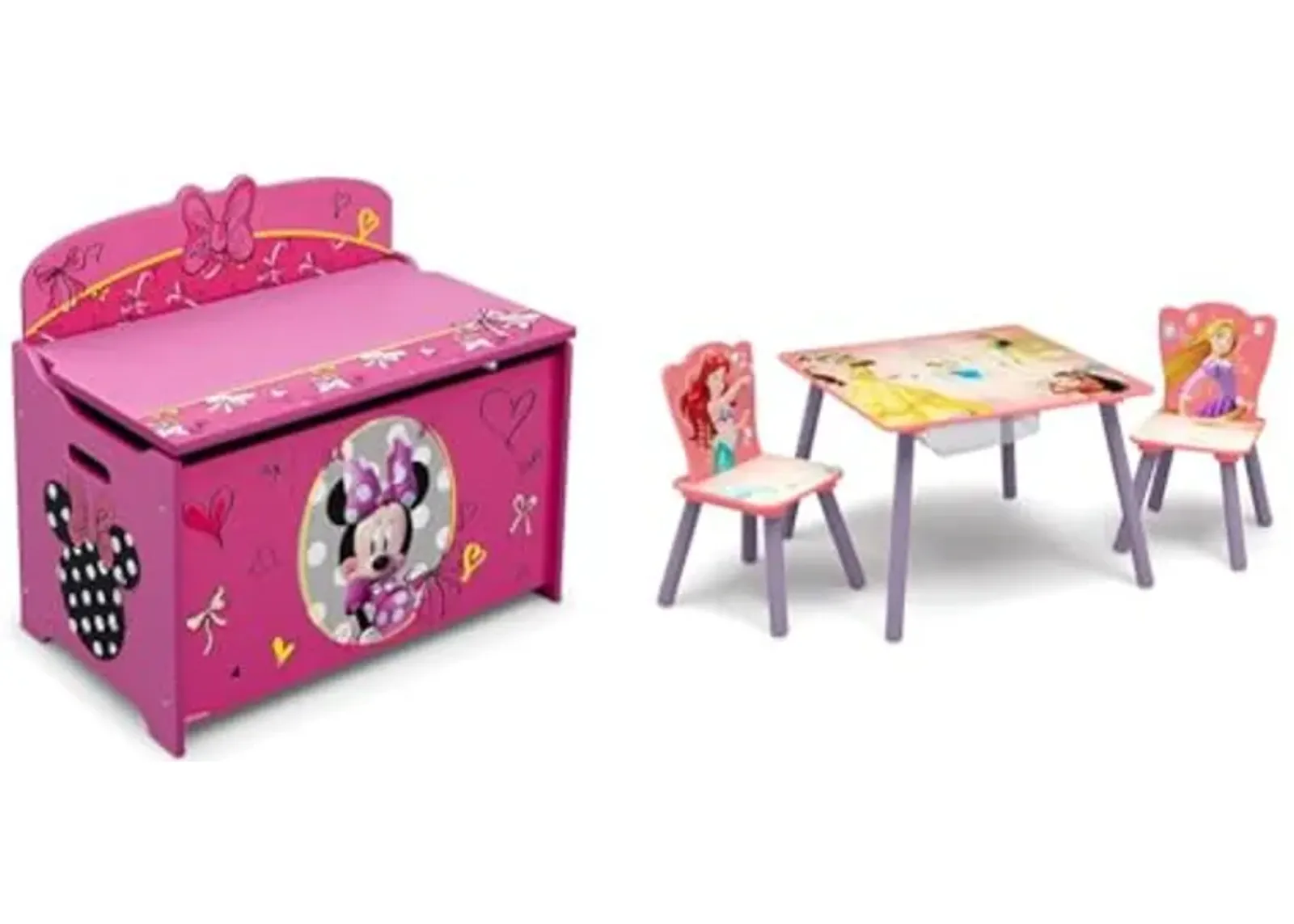 Delta Children Deluxe Minnie Mouse Toy Box and Disney Princess Table and 2 Chairs Set with Storage