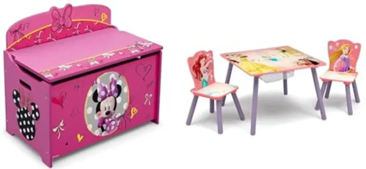 Delta Children Deluxe Minnie Mouse Toy Box and Disney Princess Table and 2 Chairs Set with Storage