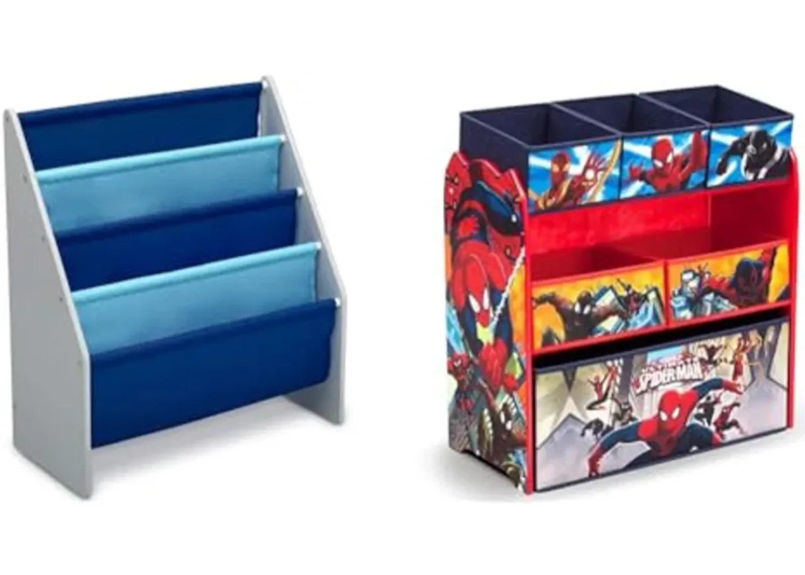 Delta Children Sling Book Rack Bookshelf Grey/Blue and Spider Man Toy Organizer with Engineered Wood Bins