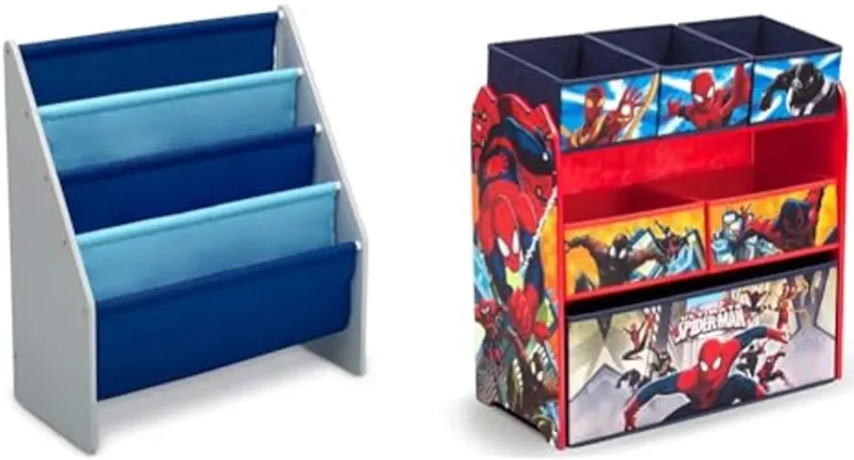 Delta Children Sling Book Rack Bookshelf Grey/Blue and Spider Man Toy Organizer with Engineered Wood Bins