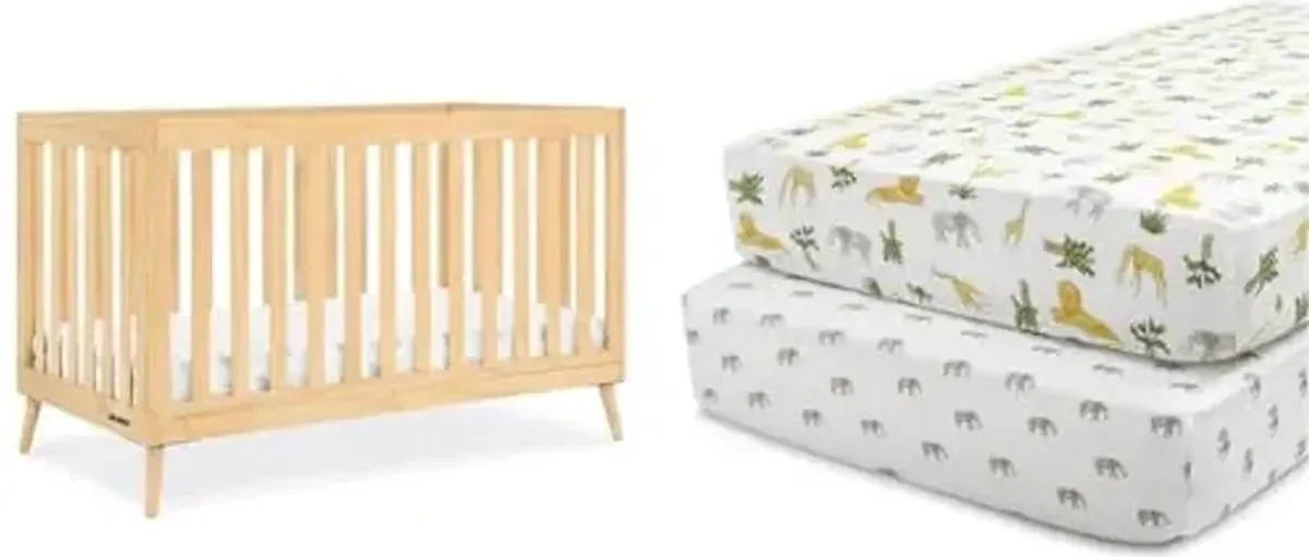 Delta Children Essex 4-in-1 Convertible Crib Safari Friends Fitted Crib Sheets (Pack of 2) for Standard Cribs and Toddler Mattresses - 28x52 Inch