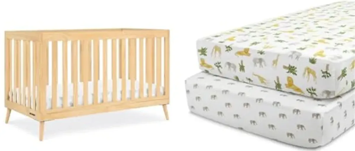 Delta Children Essex 4-in-1 Convertible Crib Safari Friends Fitted Crib Sheets (Pack of 2) for Standard Cribs and Toddler Mattresses - 28x52 Inch