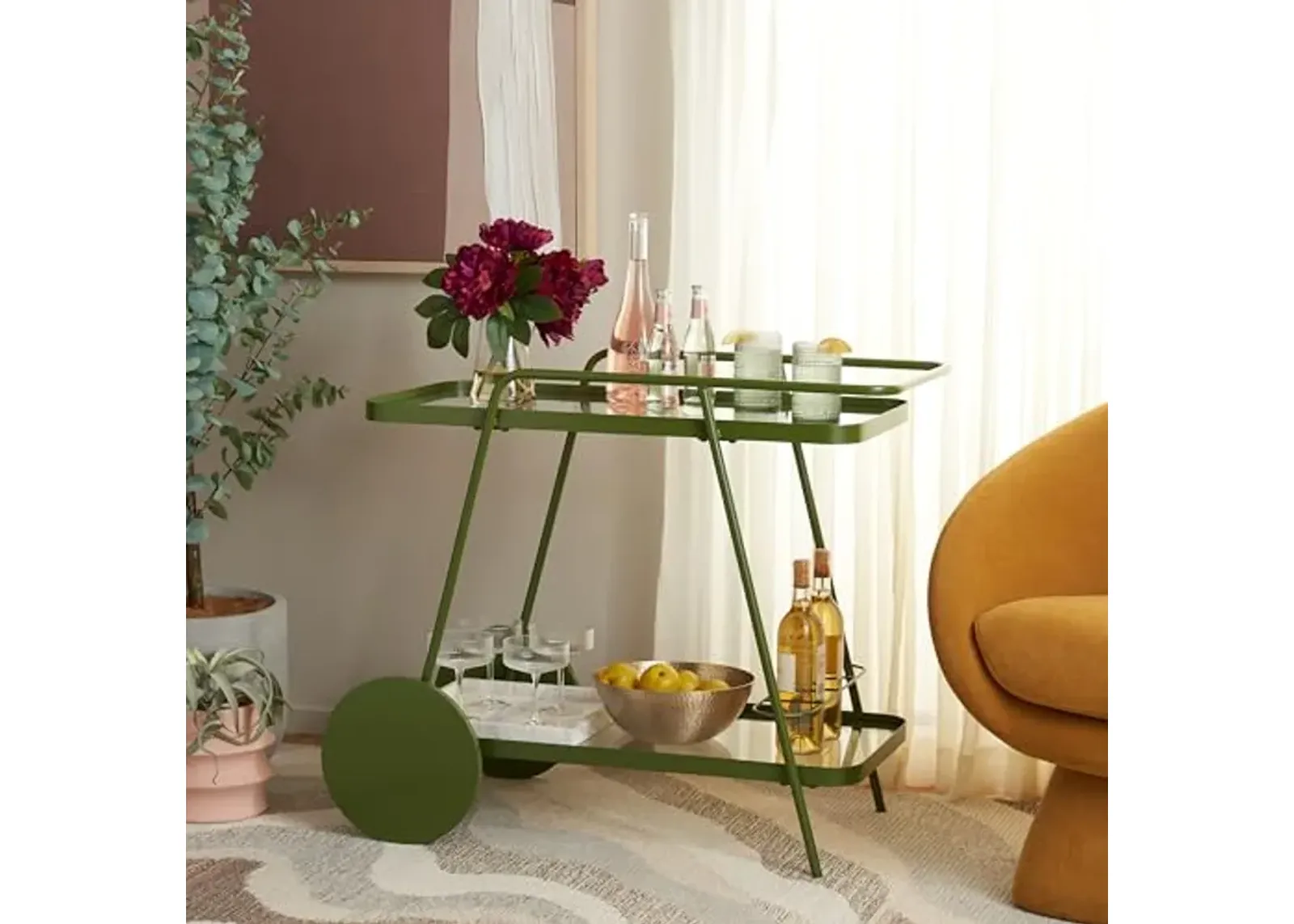 SAFAVIEH Home Collection Zunia Green/Clear Glass 2-Tier Bar Cart with Wheels