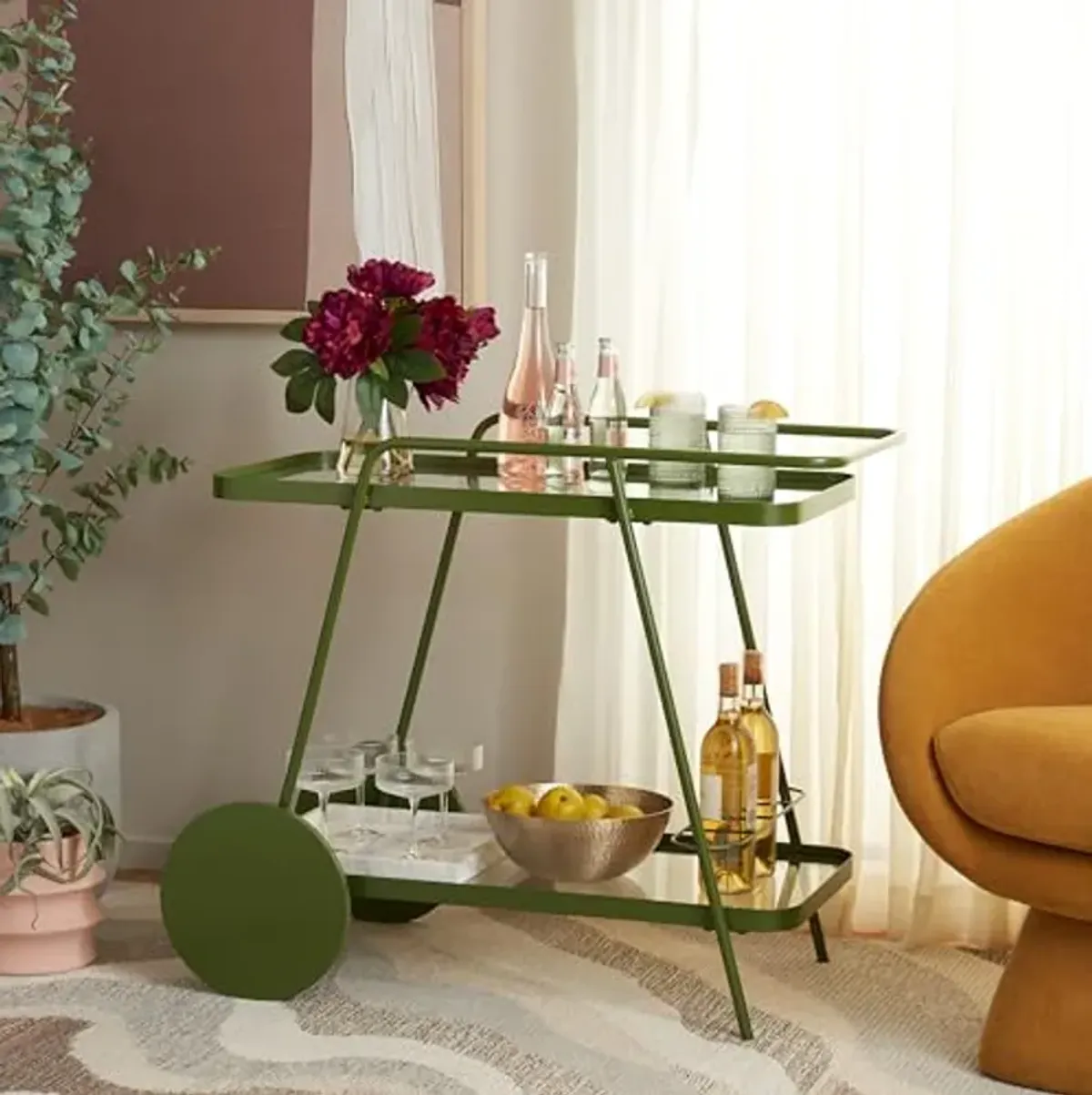 SAFAVIEH Home Collection Zunia Green/Clear Glass 2-Tier Bar Cart with Wheels