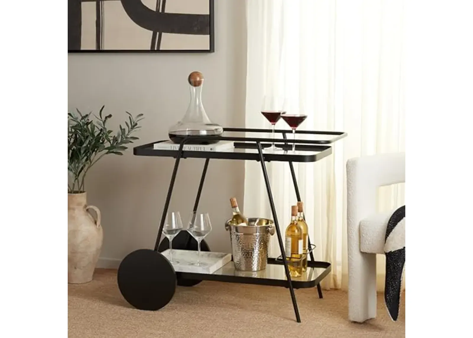 SAFAVIEH Home Collection Zunia Black/Clear Glass 2-Tier Bar Cart with Wheels