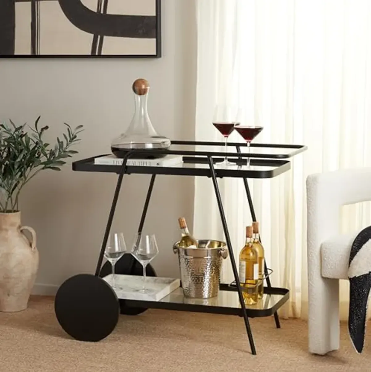 SAFAVIEH Home Collection Zunia Black/Clear Glass 2-Tier Bar Cart with Wheels