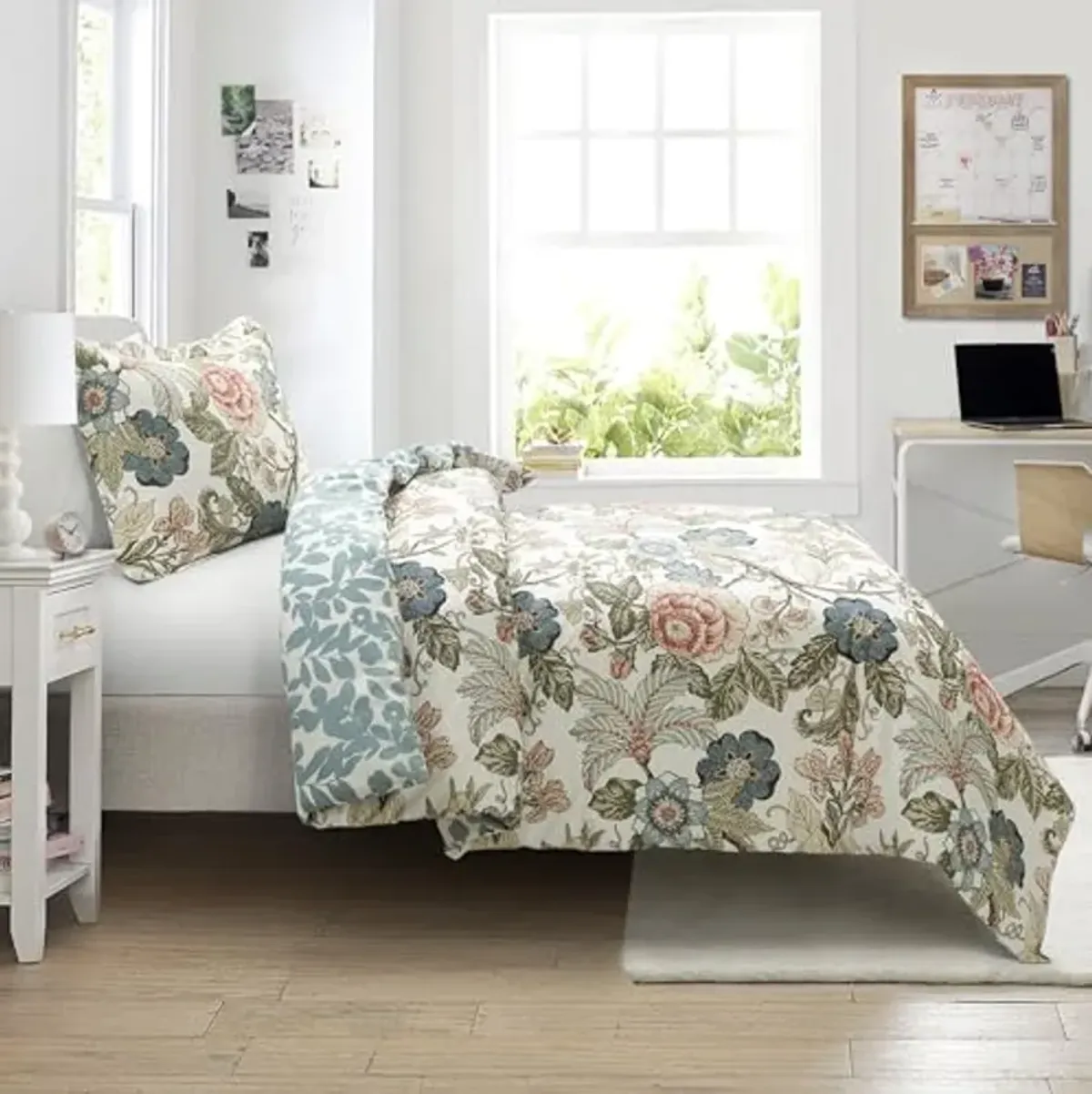 Lush Decor Sydney Reversible Cotton Duvet Cover Set, 2 Piece Set, Twin XL, Green & Blue - Floral Duvet Cover for Teens - Colorful Bedding Set - Vintage, Cottage & Farmhouse Bedroom & Dorm Decor