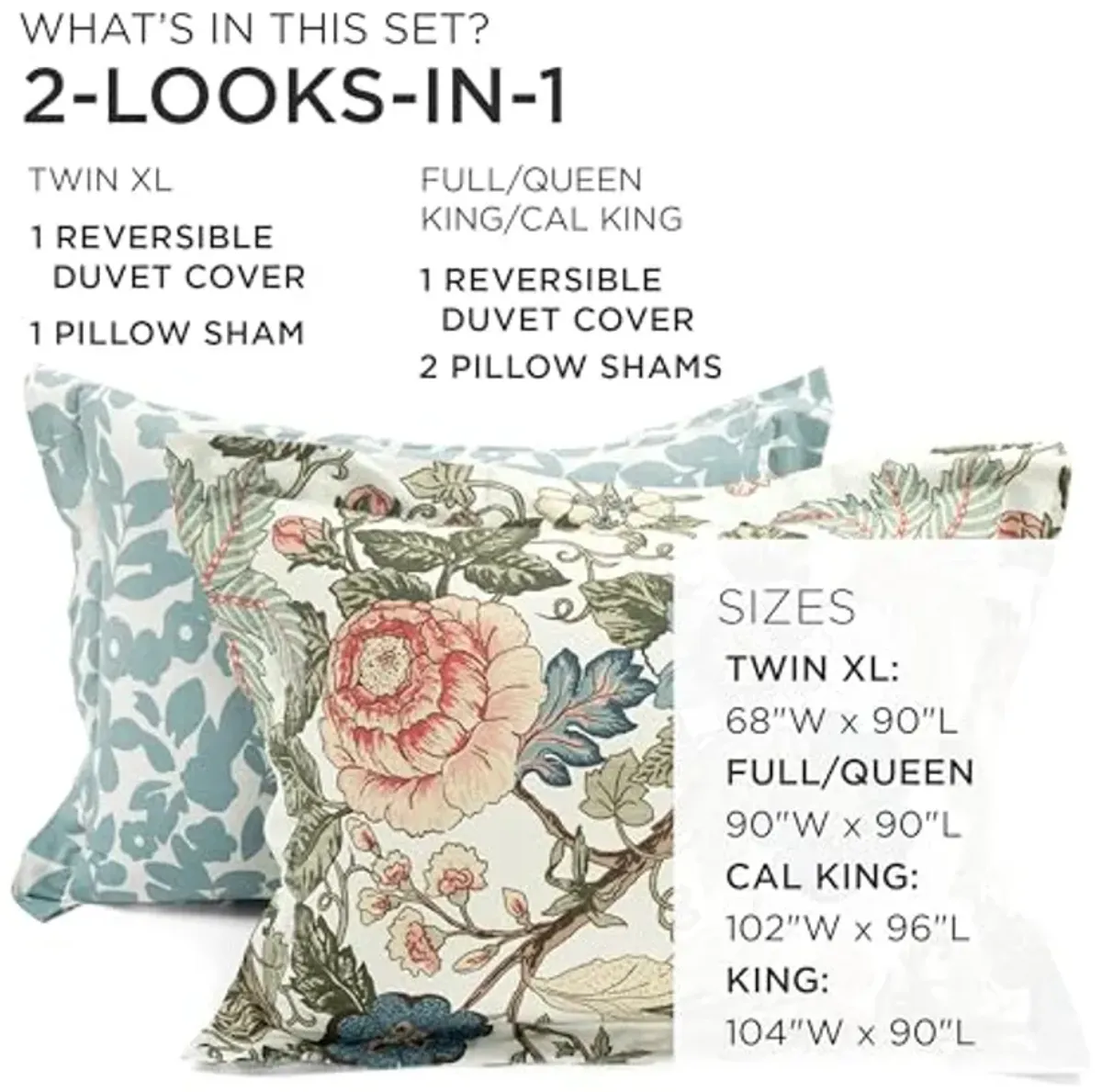 Lush Decor Sydney Reversible Cotton Duvet Cover Set, 3 Piece Set, California King, Green & Blue - Floral Duvet Cover - Colorful Bedding Set - Vintage, Country Cottage & Farmhouse Bedroom Decor