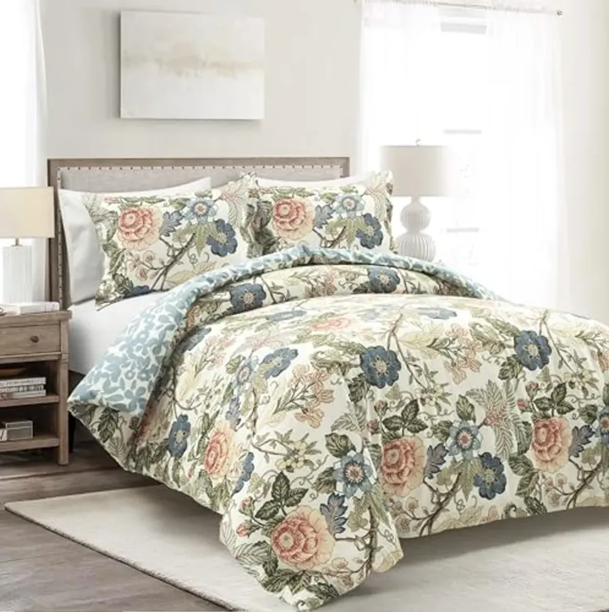 Lush Decor Sydney Reversible Cotton Duvet Cover Set, 3 Piece Set, California King, Green & Blue - Floral Duvet Cover - Colorful Bedding Set - Vintage, Country Cottage & Farmhouse Bedroom Decor