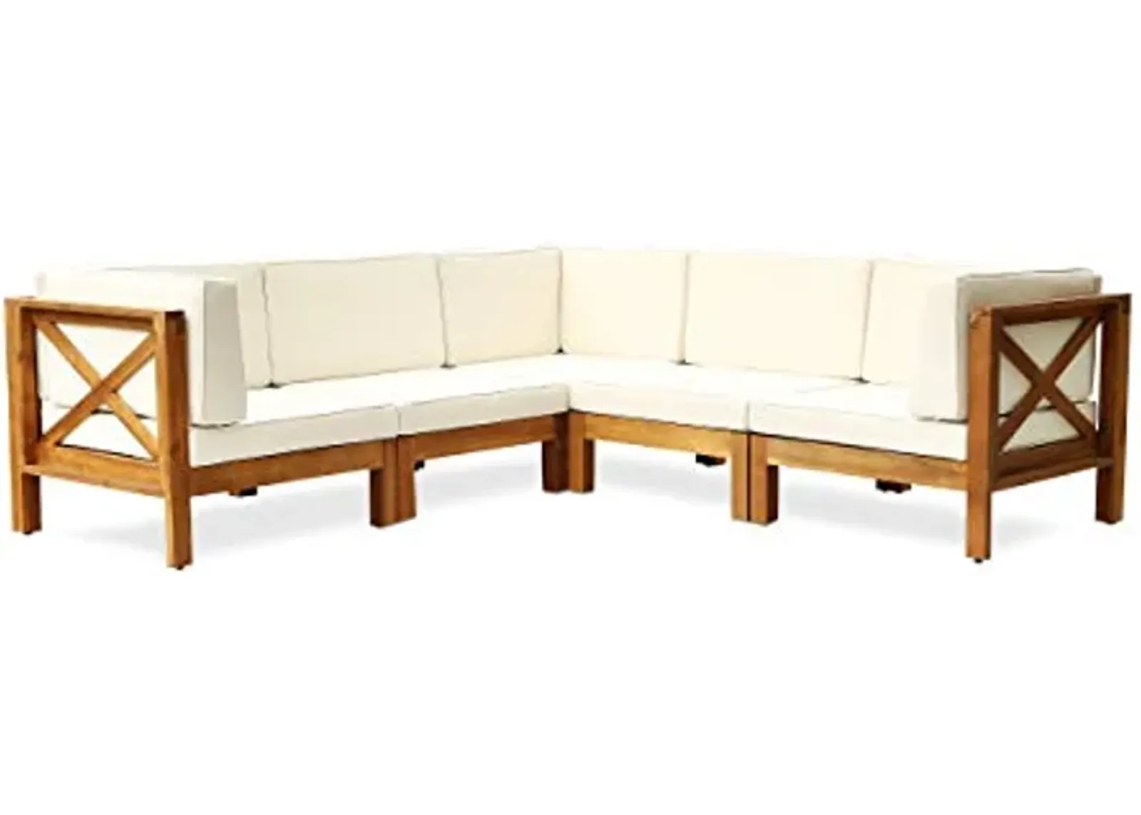 Christopher Knight Home Brava Outdoor Acacia Wood 5 Seater Sectional Patio Sofa Furniture Conversation Sets with Cushions, 28 "W x 30.25 "D x 26.5 "H, Teak + Beige