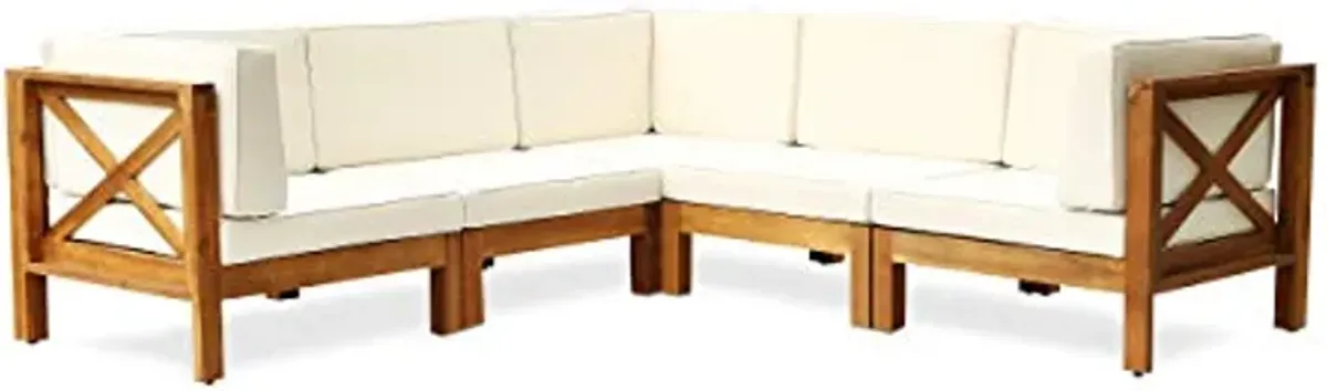 Christopher Knight Home Brava Outdoor Acacia Wood 5 Seater Sectional Patio Sofa Furniture Conversation Sets with Cushions, 28 "W x 30.25 "D x 26.5 "H, Teak + Beige