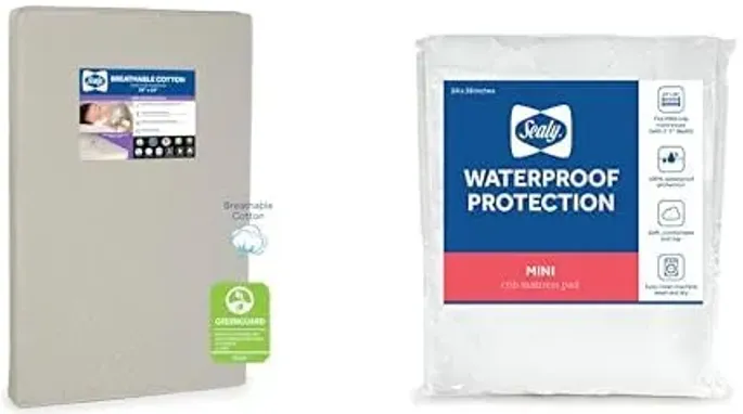 Bundle of Sealy Baby Breathable Cotton Mini Crib Mattress + Sealy Waterproof Protection Fitted Toddler and Baby Mini Crib Mattress Pad Cover Protector