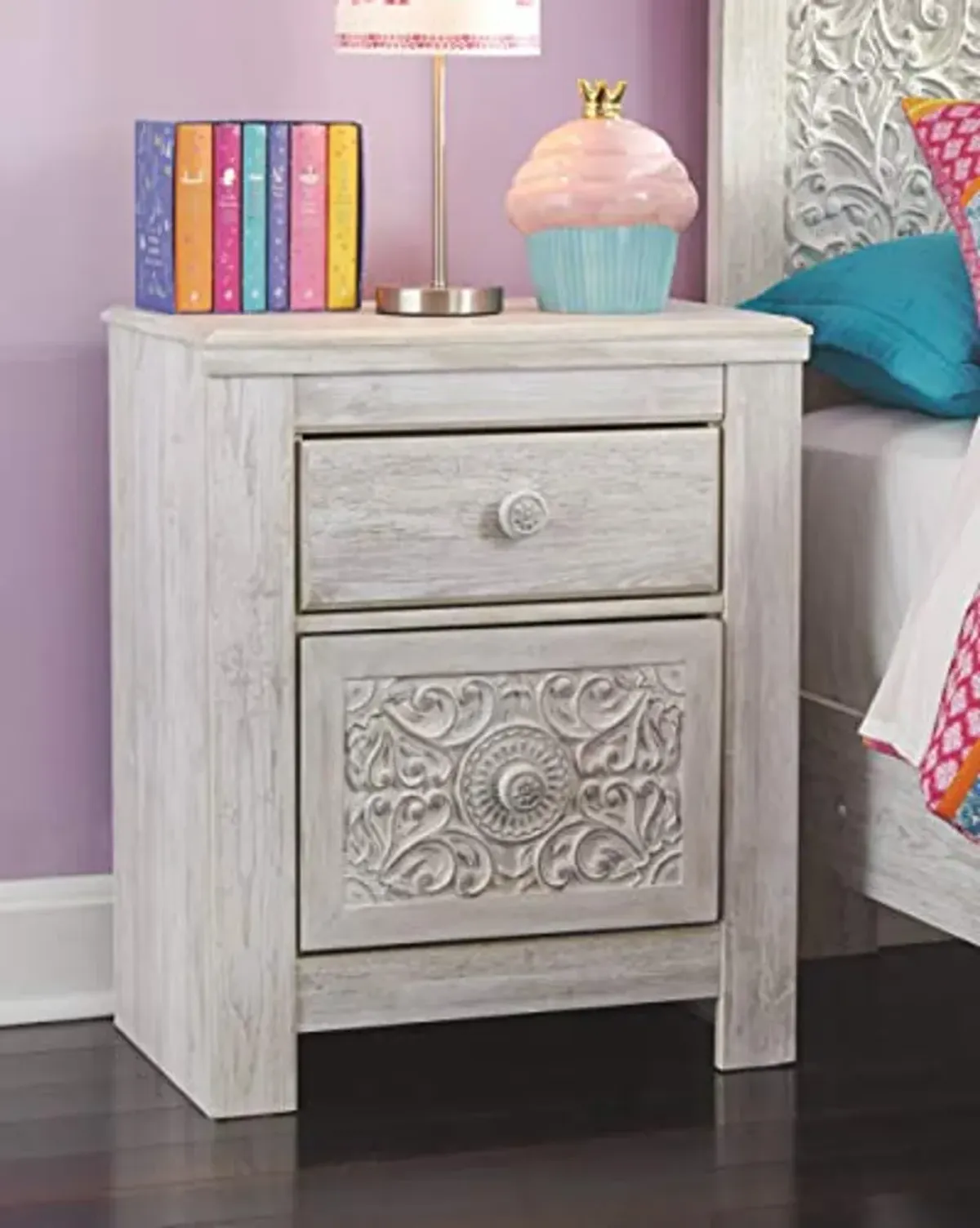 Signature Design Ashley Paxberry 2-Drawer Nightstand with USB Charging and Twin Boho Headboard in Distressed Whitewash