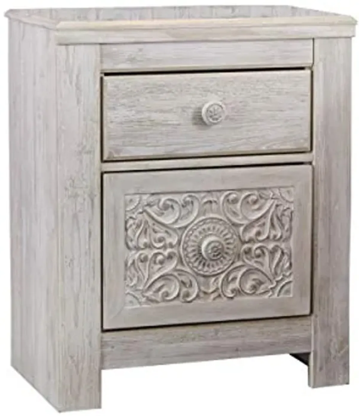 Signature Design Ashley Paxberry 2-Drawer Nightstand with USB Charging and Twin Boho Headboard in Distressed Whitewash