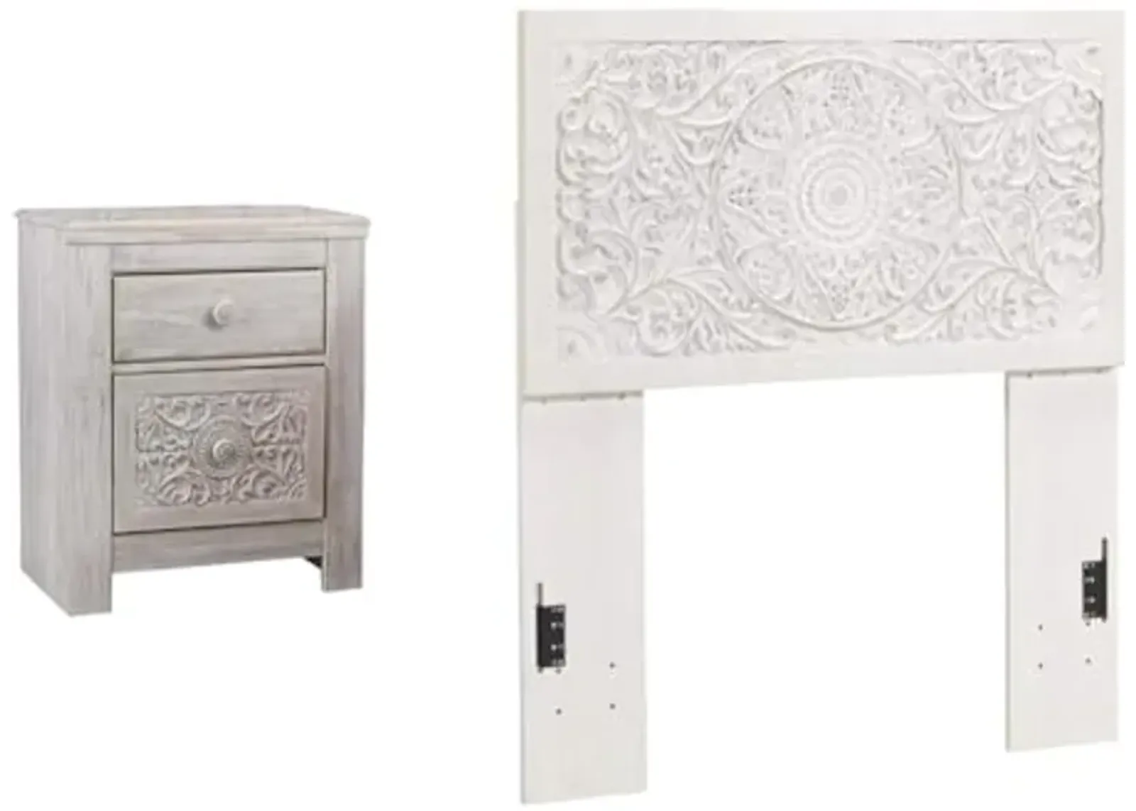 Signature Design Ashley Paxberry 2-Drawer Nightstand with USB Charging and Twin Boho Headboard in Distressed Whitewash