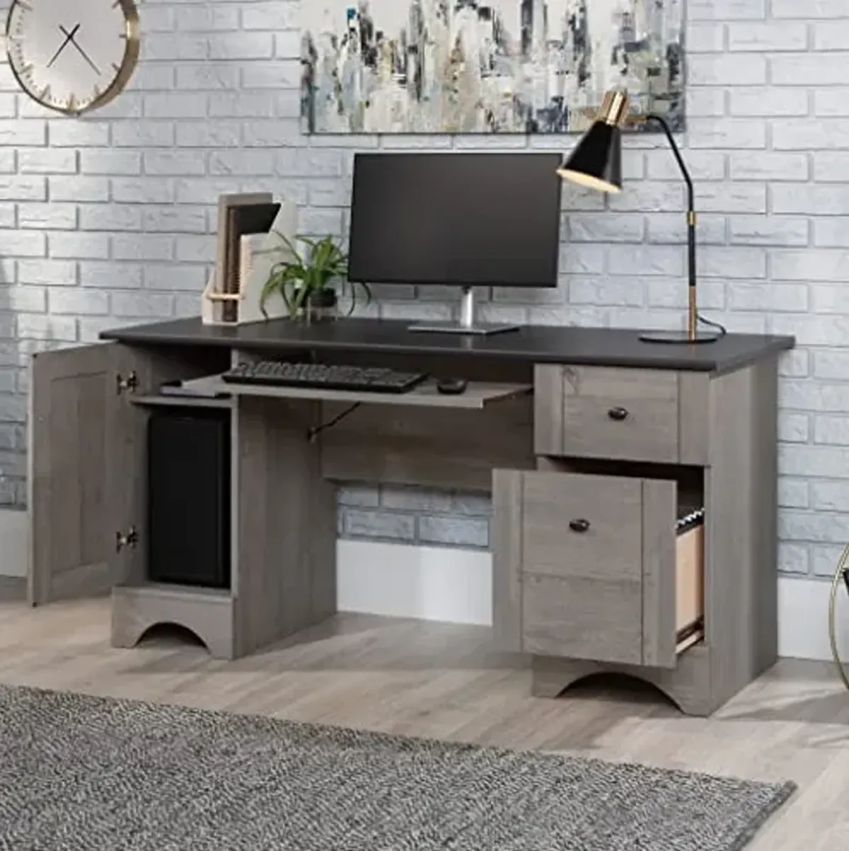 Sauder Miscellaneous Office Computer Desk with Drawers, L: 59.45" x W: 23.47" x H: 29.02" Cottage Road Lateral File, L: 32.44" x W: 21.81" x H: 29.76" Bundle