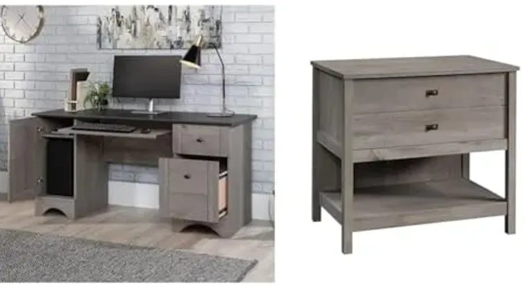 Sauder Miscellaneous Office Computer Desk with Drawers, L: 59.45" x W: 23.47" x H: 29.02" Cottage Road Lateral File, L: 32.44" x W: 21.81" x H: 29.76" Bundle