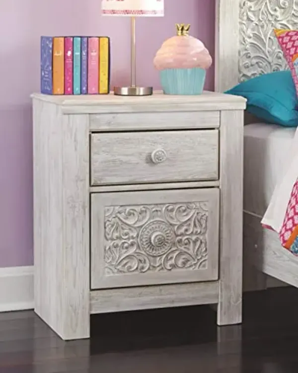 Signature Design Ashley King Paxberry Boho Chic Headboard and 2-Drawer Nightstand with USB Charging, Whitewash