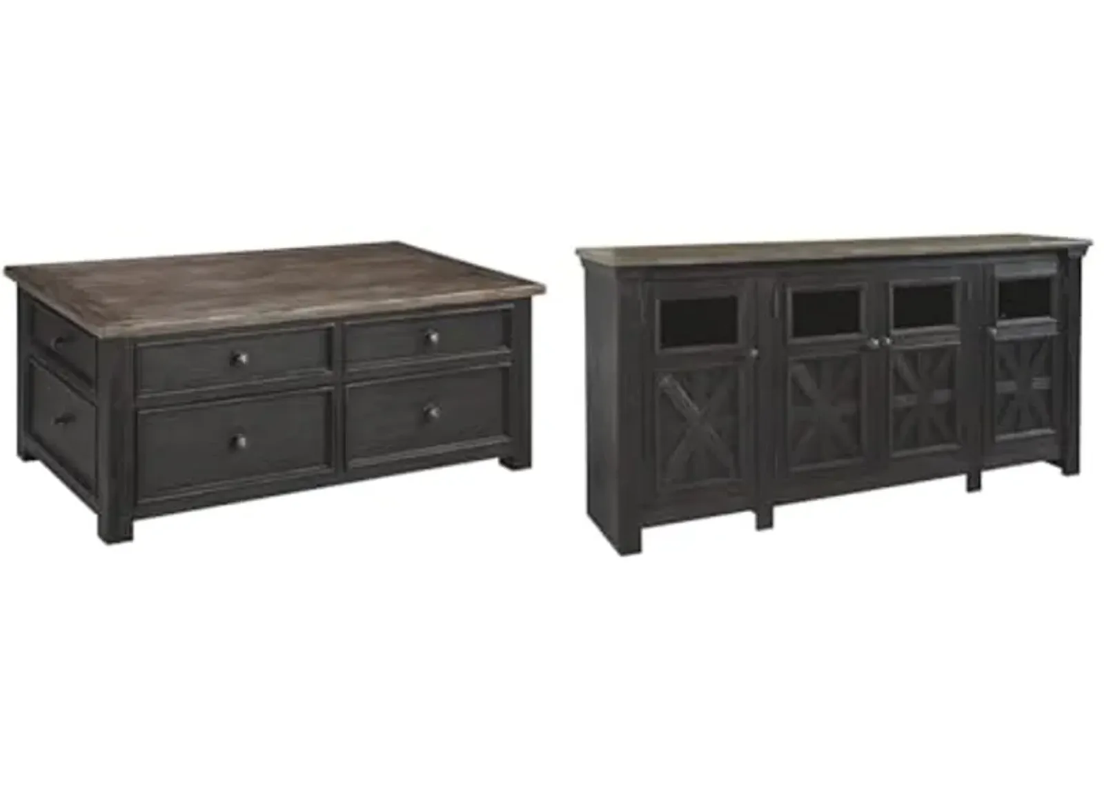 Ashley Tyler Creek Rustic Farmhouse Lift Top Coffee Table with Drawers & 72" TV Stand with 4 Glass Doors