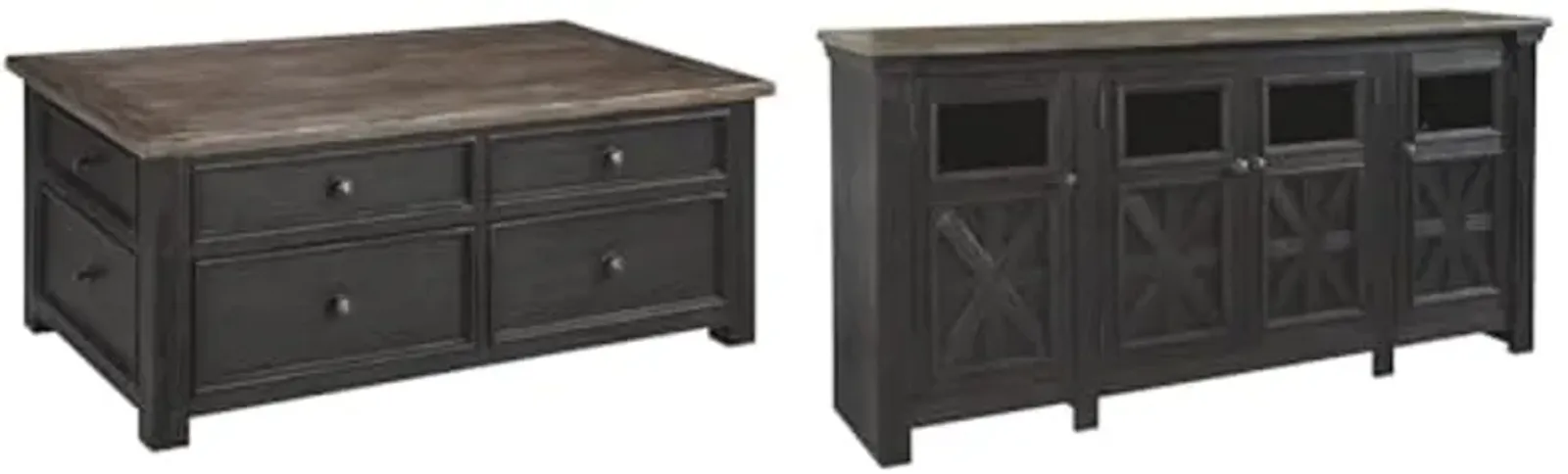 Ashley Tyler Creek Rustic Farmhouse Lift Top Coffee Table with Drawers & 72" TV Stand with 4 Glass Doors