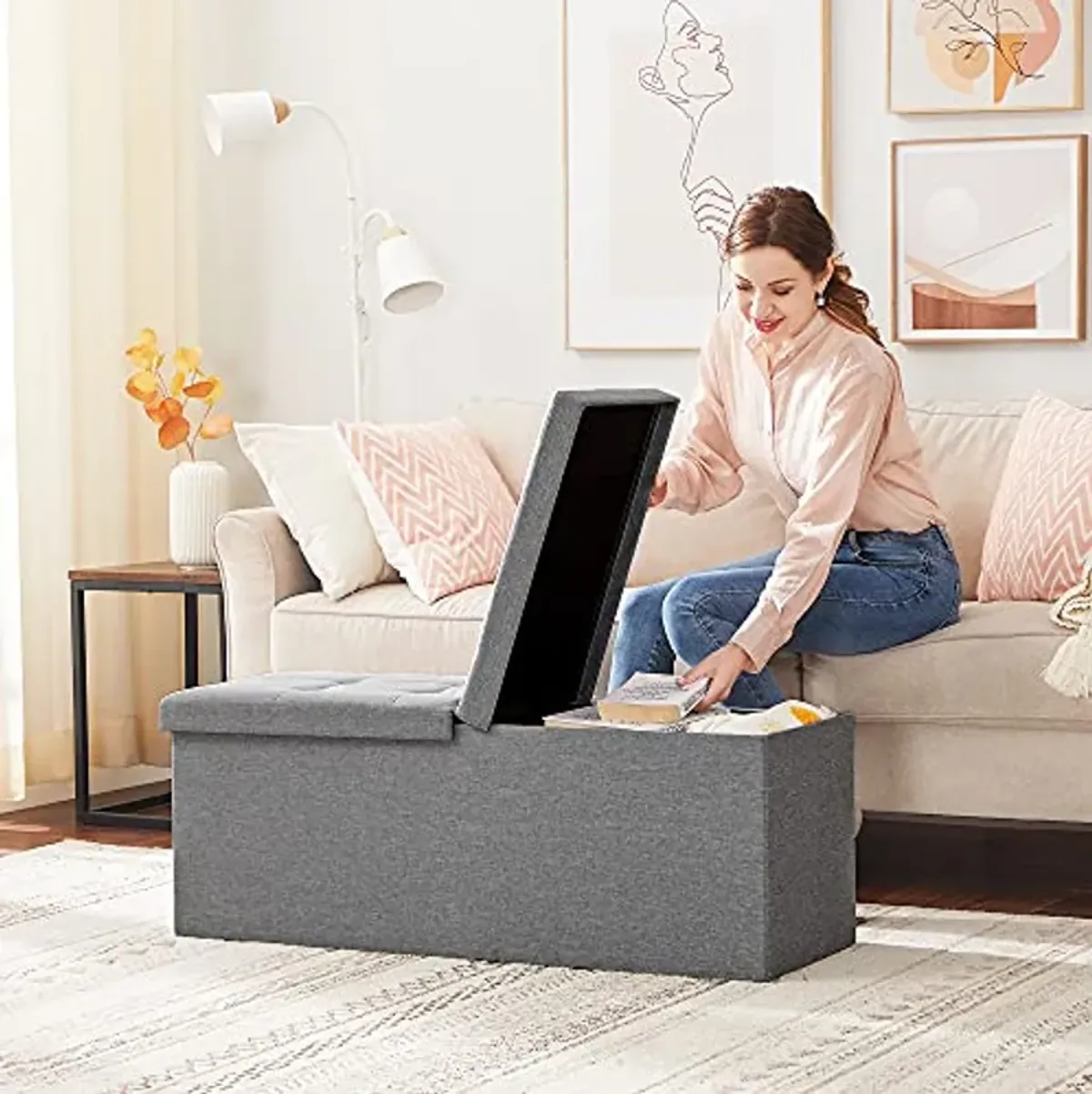 SONGMICS Storage Ottomans, Foldable Storage Bench and Foot Rest Stool, 15 x 43 x 15 Inches and 12.2 x 16.1 x 12.2 Inches, 660 lb and 286 lb Load Capacity