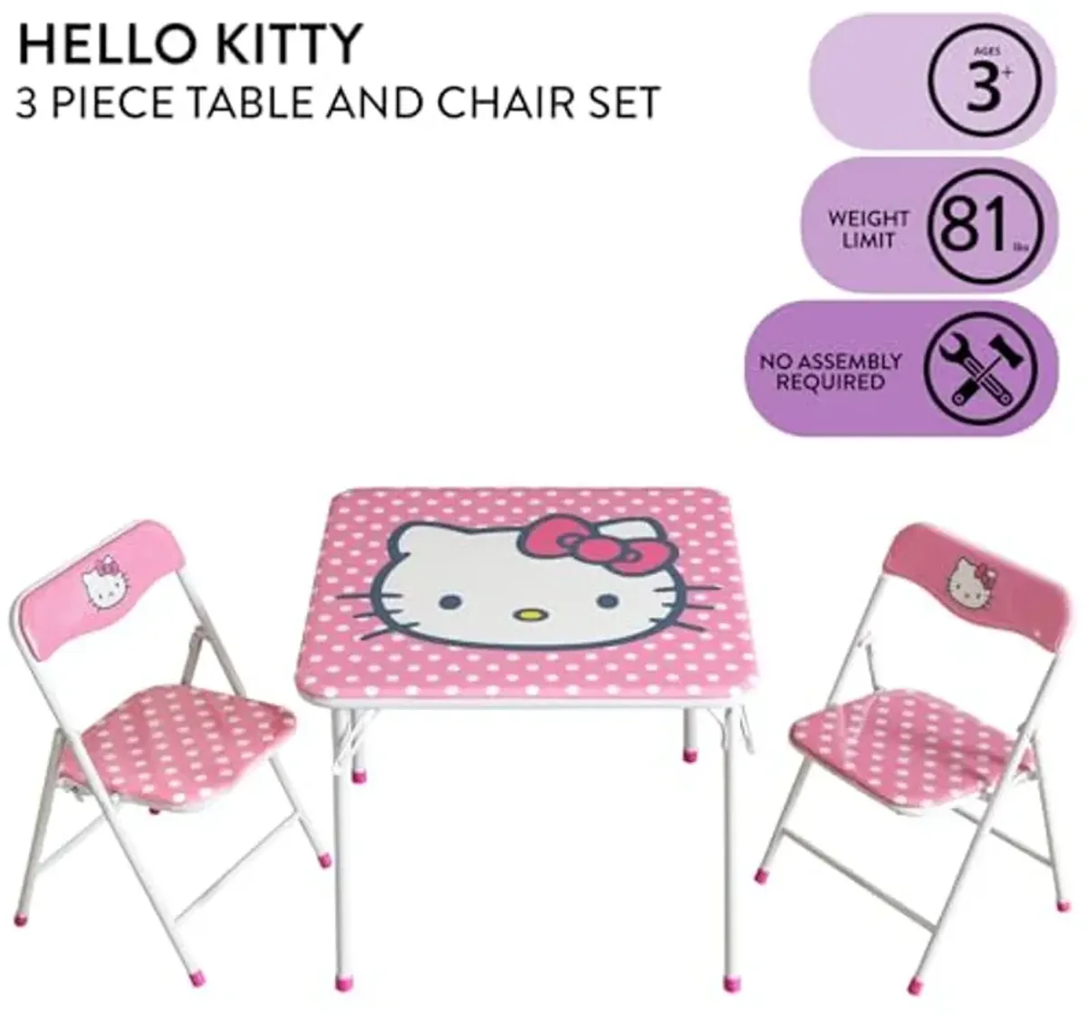 Idea Nuova Sanrio Hello Kitty 3 Piece Children's Activity Square Table and 2 Folding Chairs Set, Ages 3+