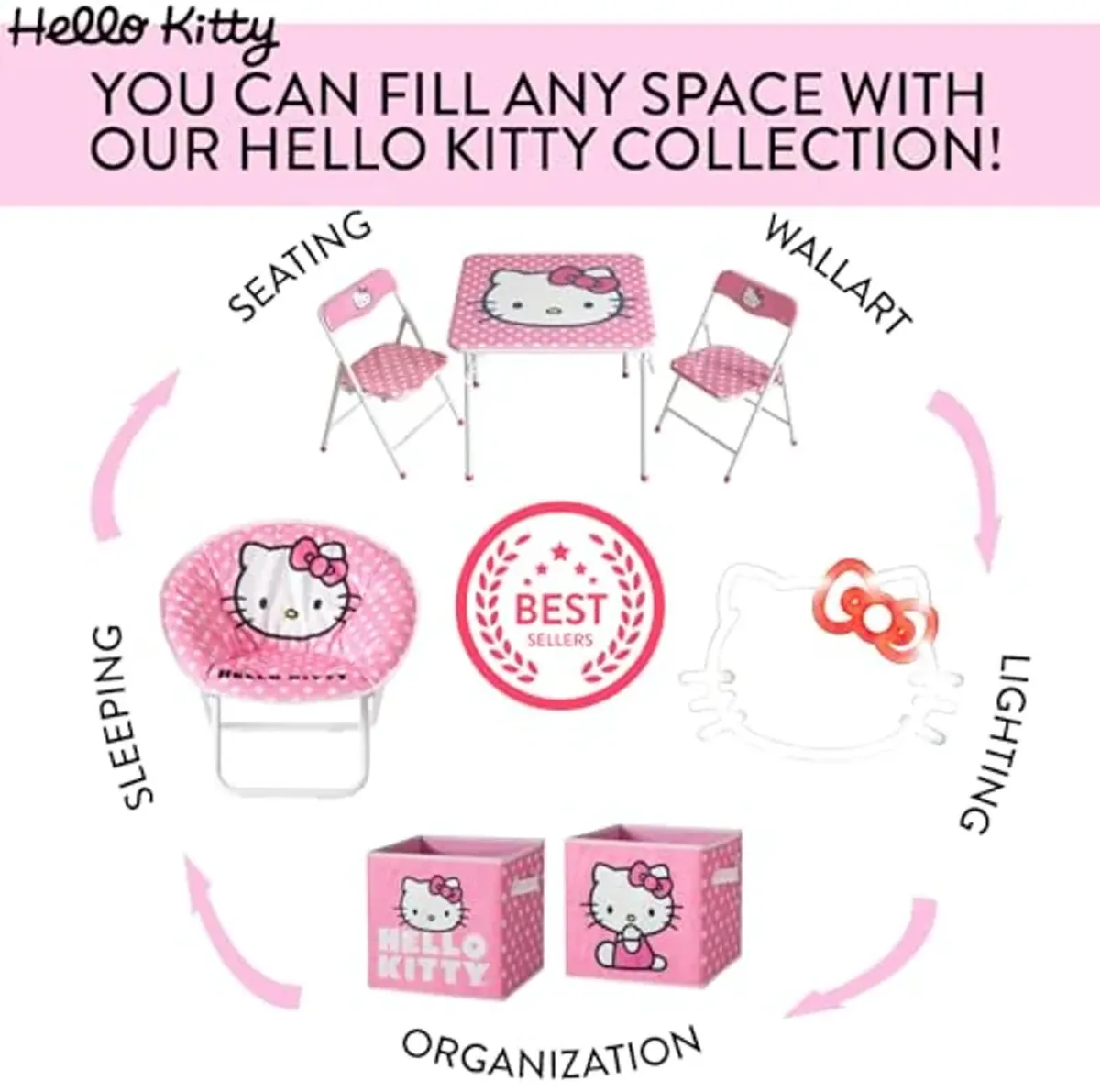 Idea Nuova Sanrio Hello Kitty 3 Piece Children's Activity Square Table and 2 Folding Chairs Set, Ages 3+