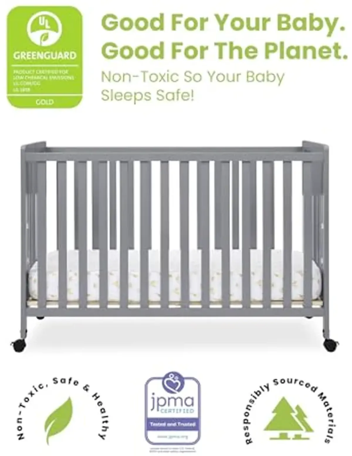 Simmons Kids Aria Full Size Portable Folding Crib - Greenguard Gold Certified, Grey