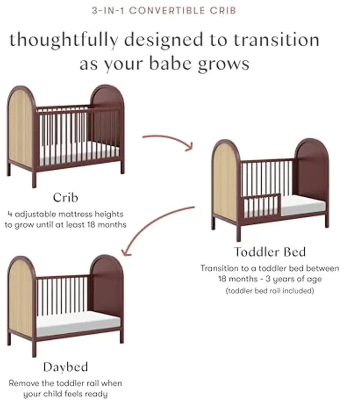 babyletto Bondi Cane 3-in-1 Convertible Crib with Toddler Bed Conversion Kit in Crimson with Natural Cane, Greenguard Gold Certified