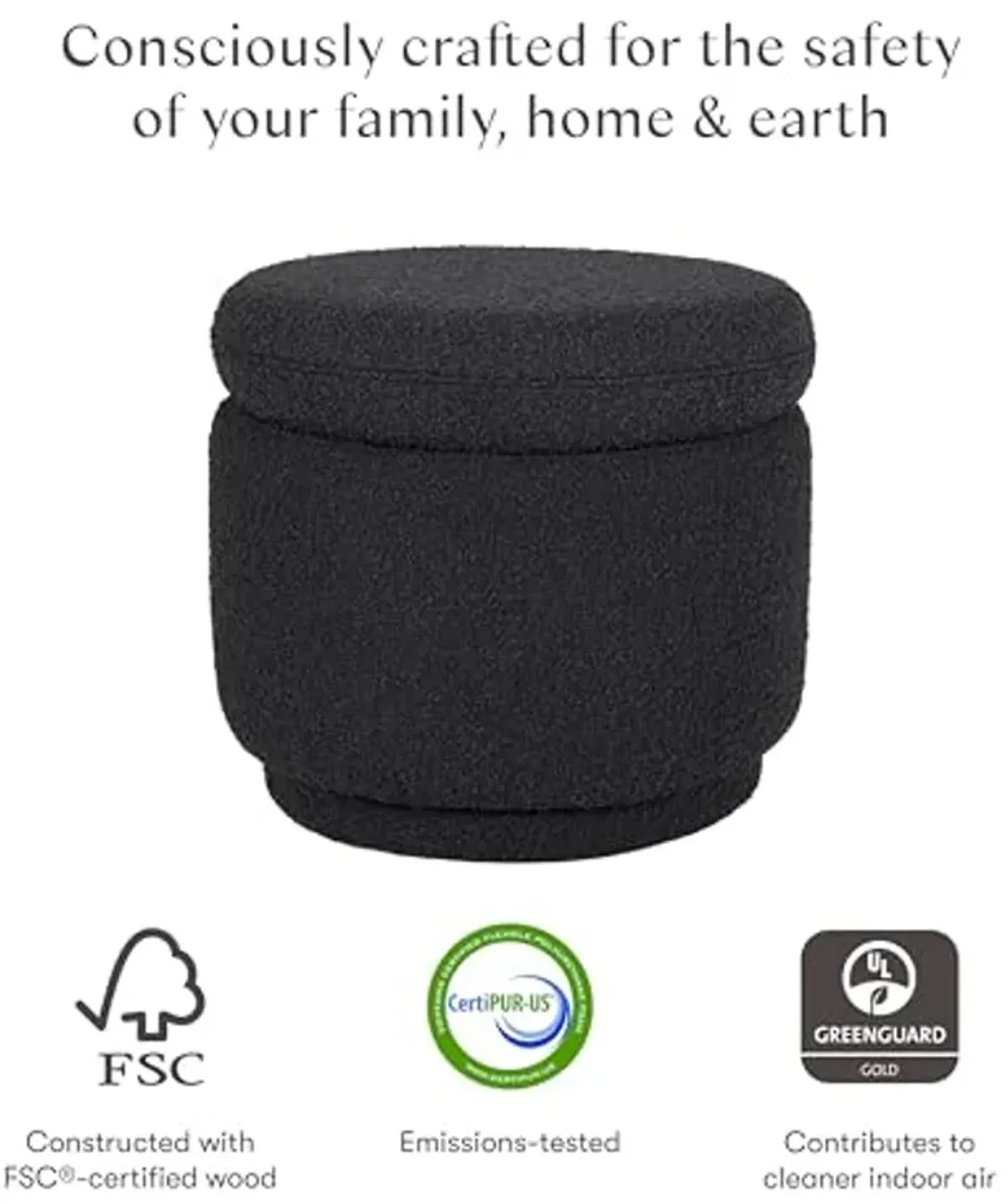 Babyletto Enoki Storage Ottoman in Black Boucle, Greenguard Gold and CertiPUR-US Certified