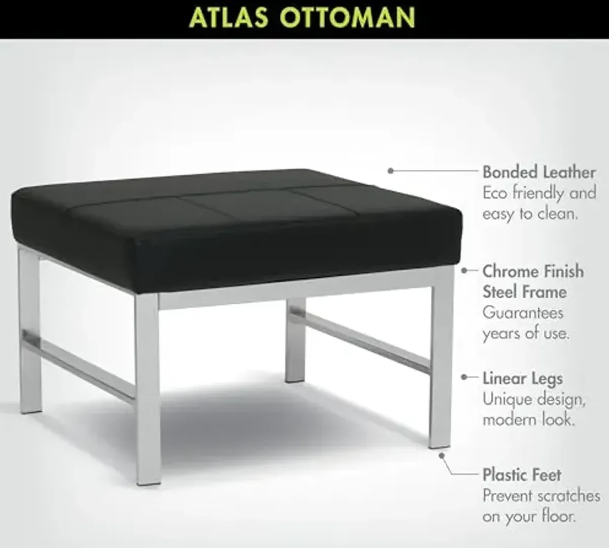 Atlas Mid Century Modern Square Ottoman Blended Leather, Chrome/Black