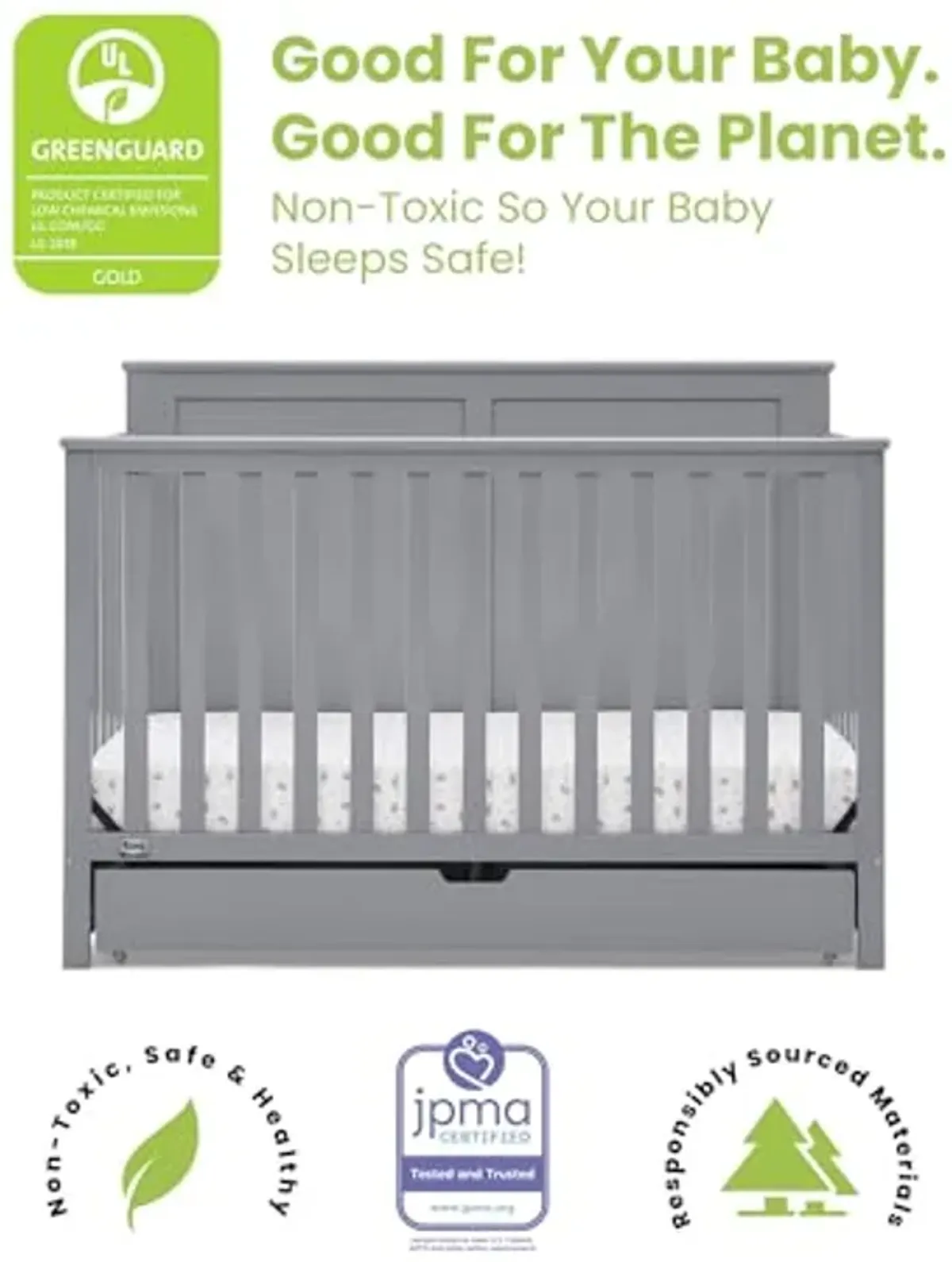 Simmons Kids Logan 6-in-1 Convertible Crib with Underdrawer - Greenguard Gold Certified, Grey