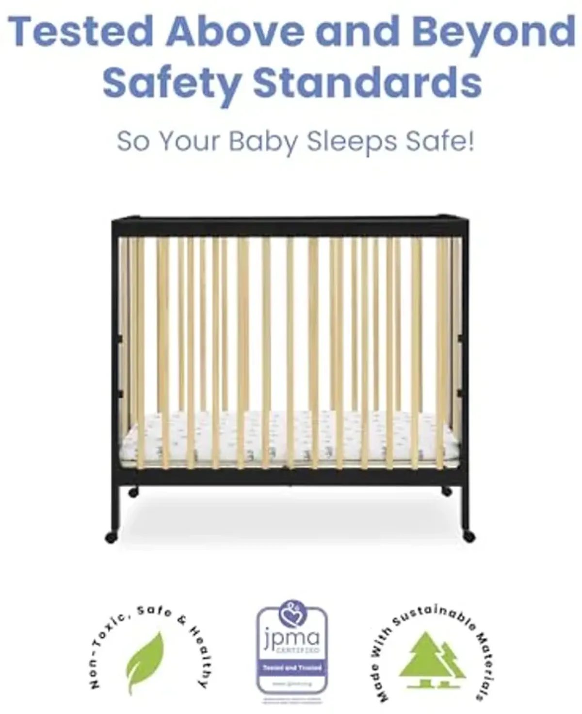 Delta Children Mia Portable Folding Mini Crib with 1.5-Inch Mattress - Greenguard Gold Certified, Ebony Black/Natural