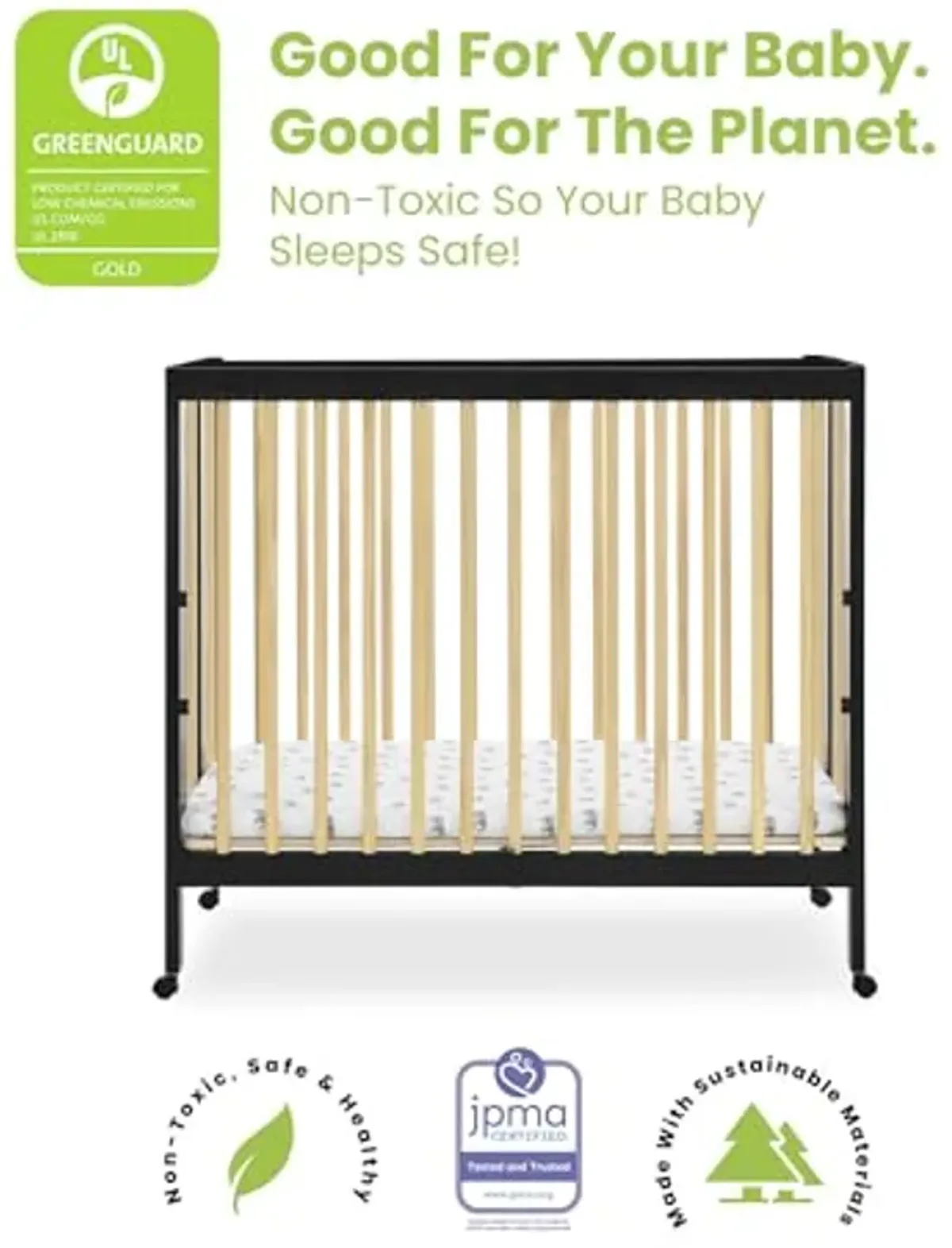 Delta Children Mia Portable Folding Mini Crib with 1.5-Inch Mattress - Greenguard Gold Certified, Ebony Black/Natural