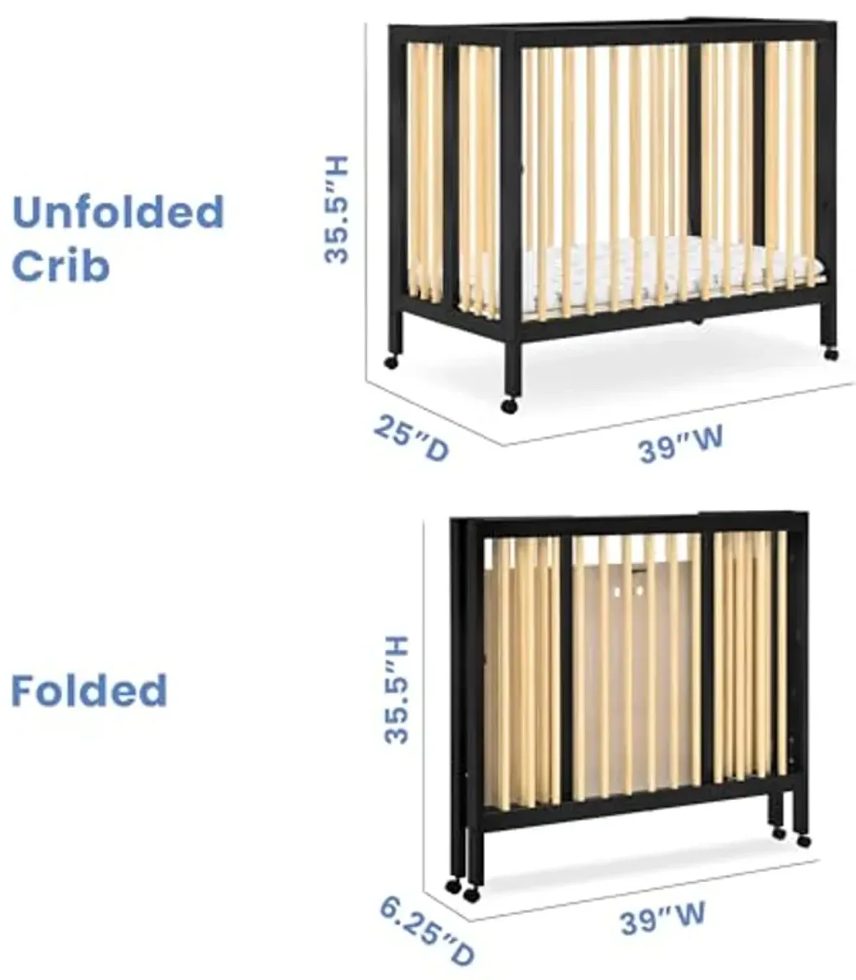 Delta Children Mia Portable Folding Mini Crib with 1.5-Inch Mattress - Greenguard Gold Certified, Ebony Black/Natural