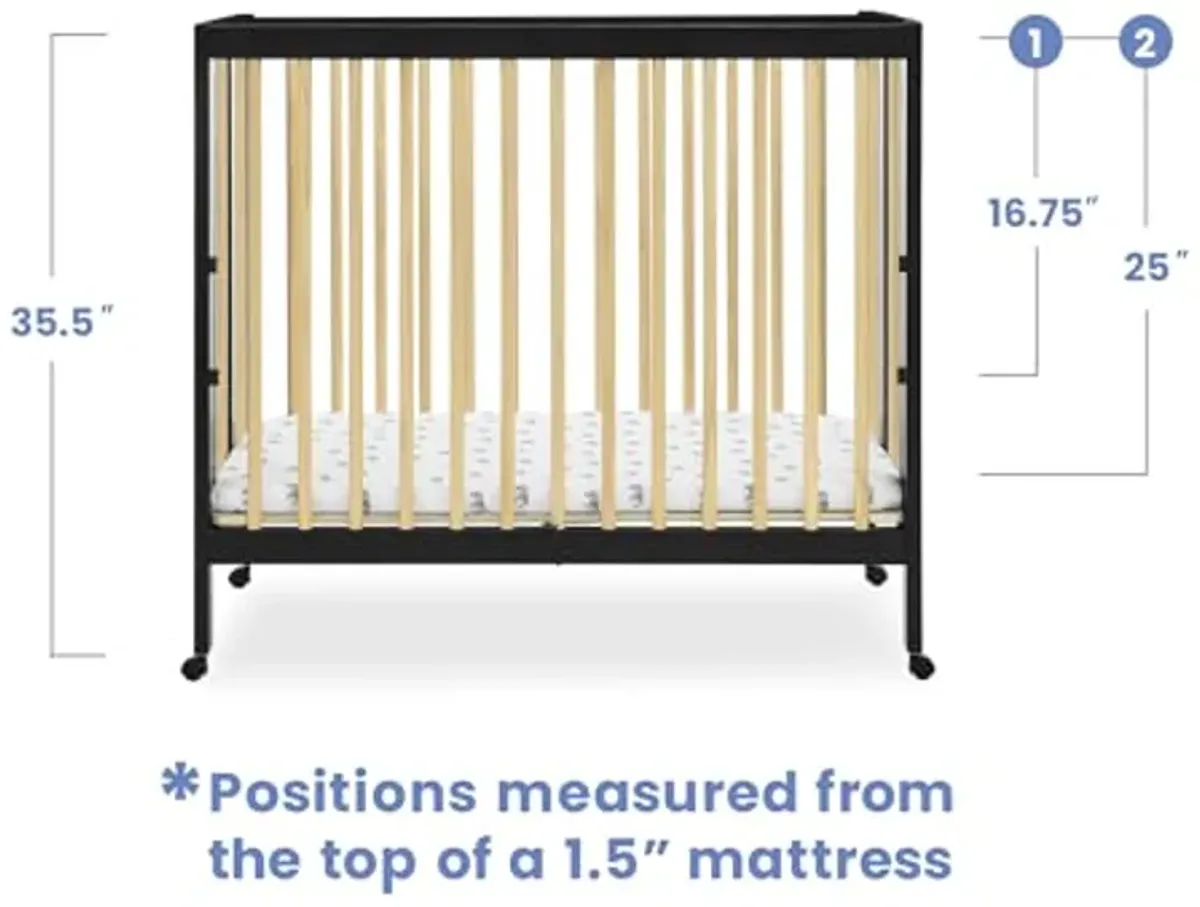 Delta Children Mia Portable Folding Mini Crib with 1.5-Inch Mattress - Greenguard Gold Certified, Ebony Black/Natural