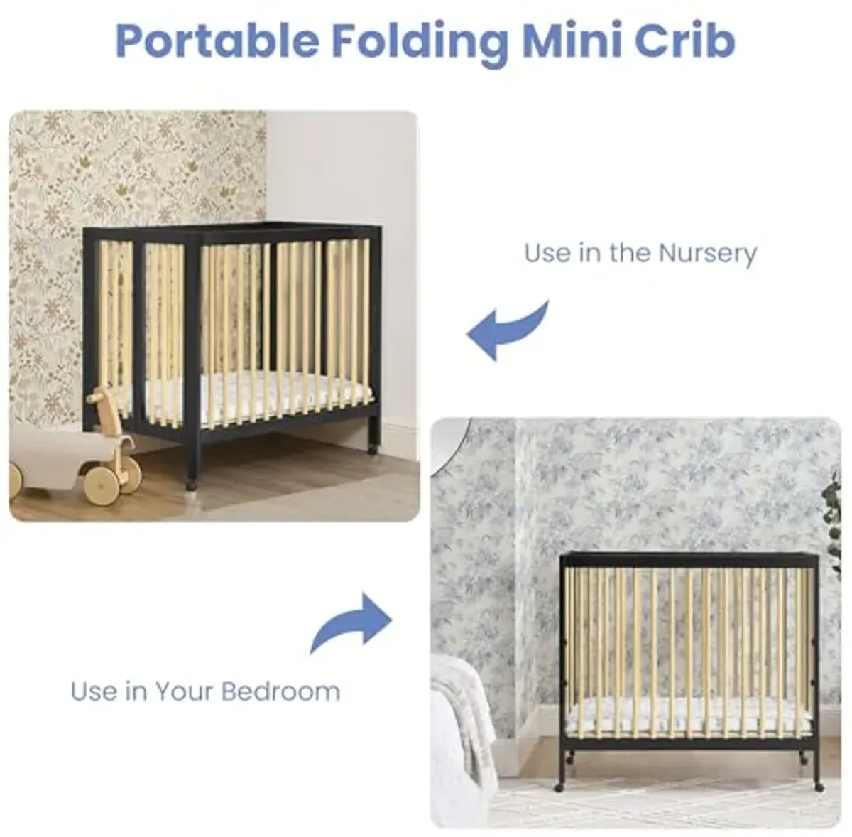 Delta Children Mia Portable Folding Mini Crib with 1.5-Inch Mattress - Greenguard Gold Certified, Ebony Black/Natural