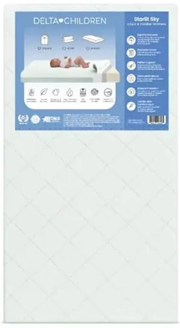 Delta Children Starlit Sky 2-Stage Crib and Toddler Mattress for Infants & Toddlers - Removable Machine Washable Mattress Cover - Waterproof - GREENGUARD Gold - Made in USA, Green