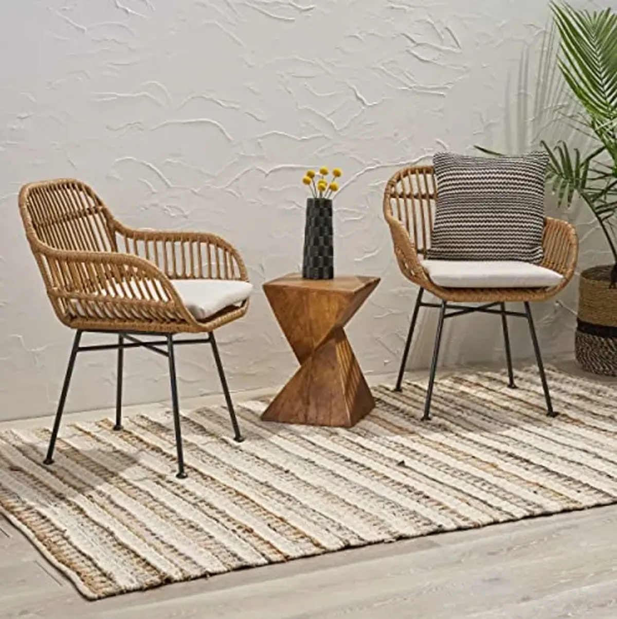 Christopher Knight Home Orlando Outdoor Woven Faux Rattan Chairs with Cushions (Set of 2), Light Brown and Beige