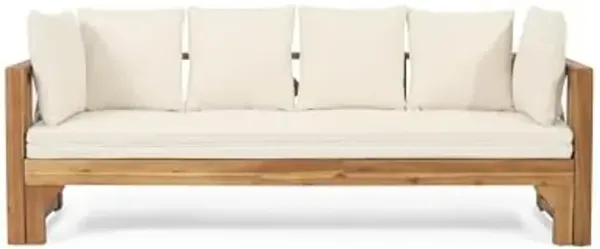 Christopher Knight Home Varney Outdoor Extendable Acacia Wood 3 Seater Sofa, Upholstered Cushion Couch, Daybed Sofa Chair, Spacious Seating Lounge Chair, Patio Daybed Sofa for Garden Yard, Teak+Beige
