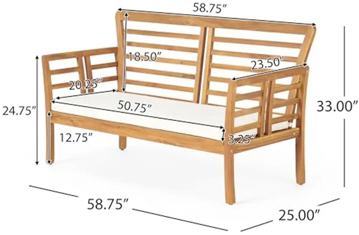 Christopher Knight Home Caydon Outdoor Acacia Wood Loveseat with Cushions, 58.75 "W x 25 "D x 33 "H, Brown + Cream