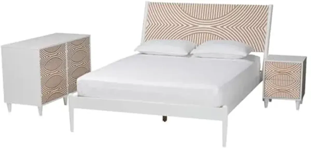 Baxton Studio Louetta White Caved Contrasting Queen Size 3-Piece Bedroom Set
