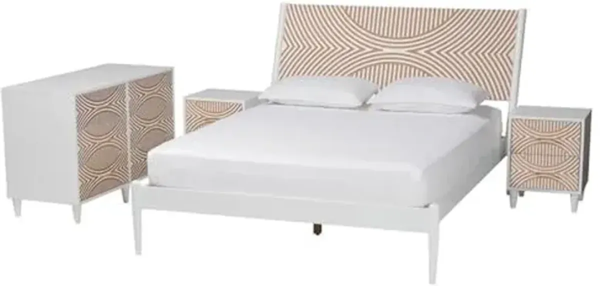 Baxton Studio Louetta White Caved Contrasting King Size 4-Piece Bedroom Set