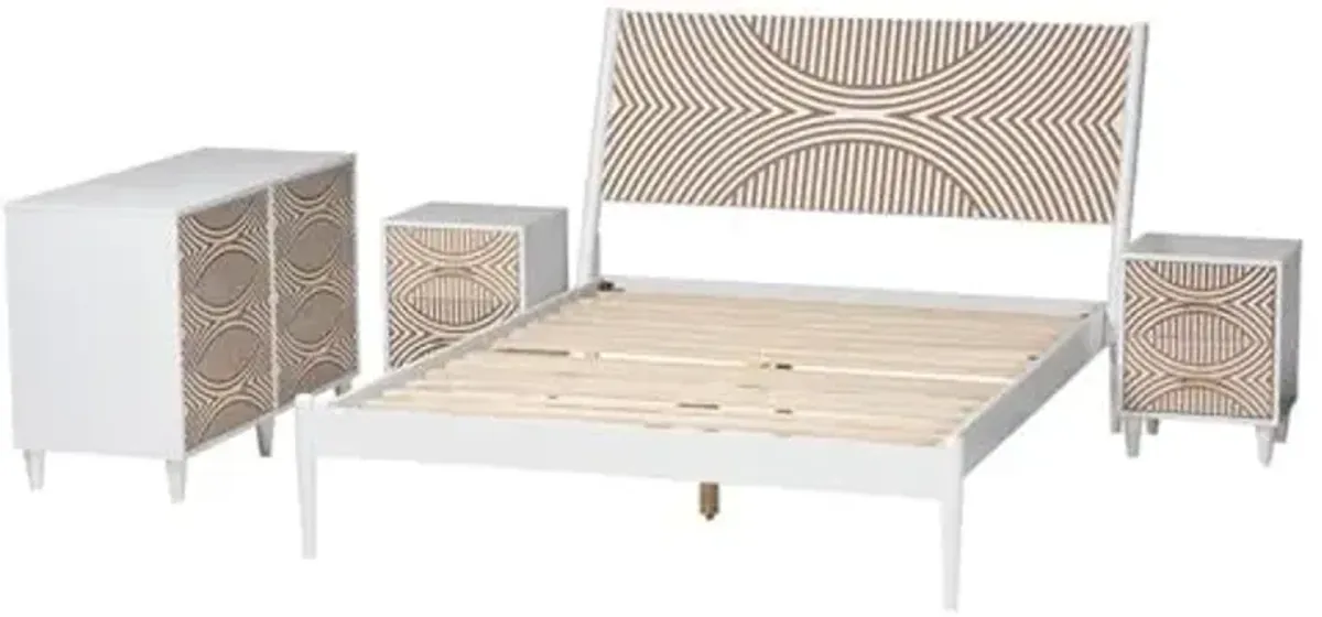Baxton Studio Louetta White Caved Contrasting Queen Size 4-Piece Bedroom Set
