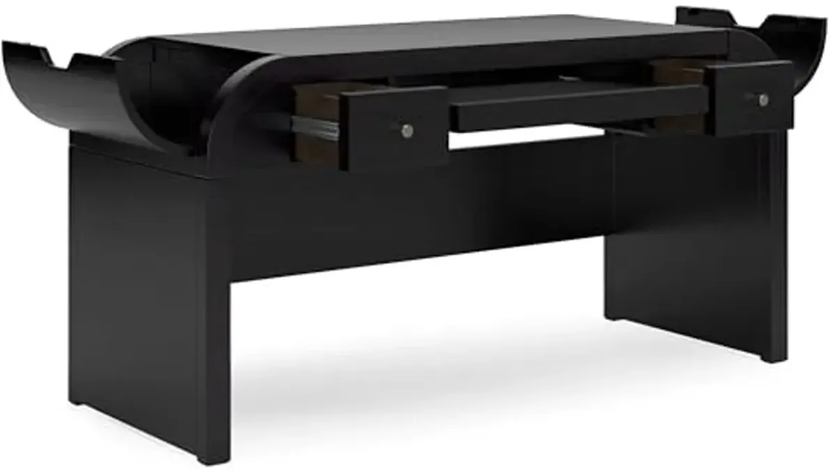 Signature Design by Ashley Rowanbeck Contemporary 2-Drawer 60" Home Office Desk with Pull-Out Keyboard Tray, Cord Management, USB Charging Ports and 2 Utility Bins, Black