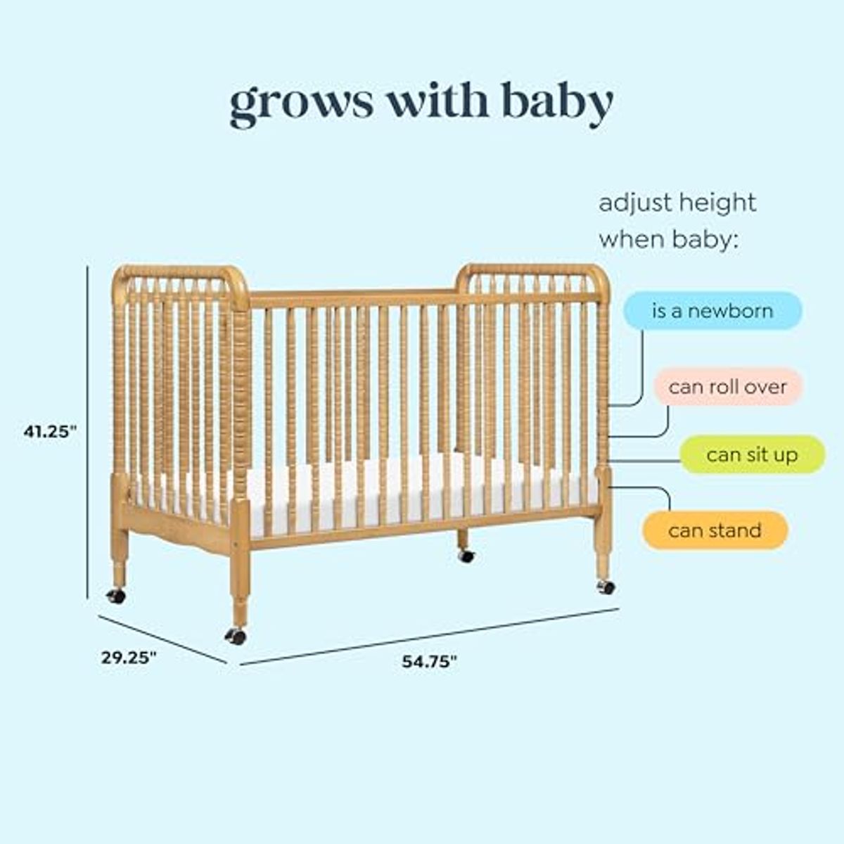 DaVinci Jenny Lind 3-in-1 Convertible Crib in Honey, Removeable Wheels, Greenguard Gold