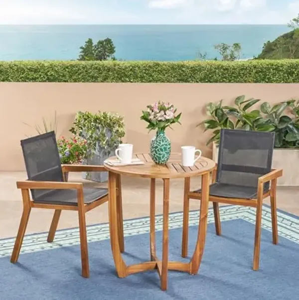 Christopher Knight Home Marcello Outdoor Acacia Wood 3 Piece Dining Set with Mesh Seats, Teak and Black