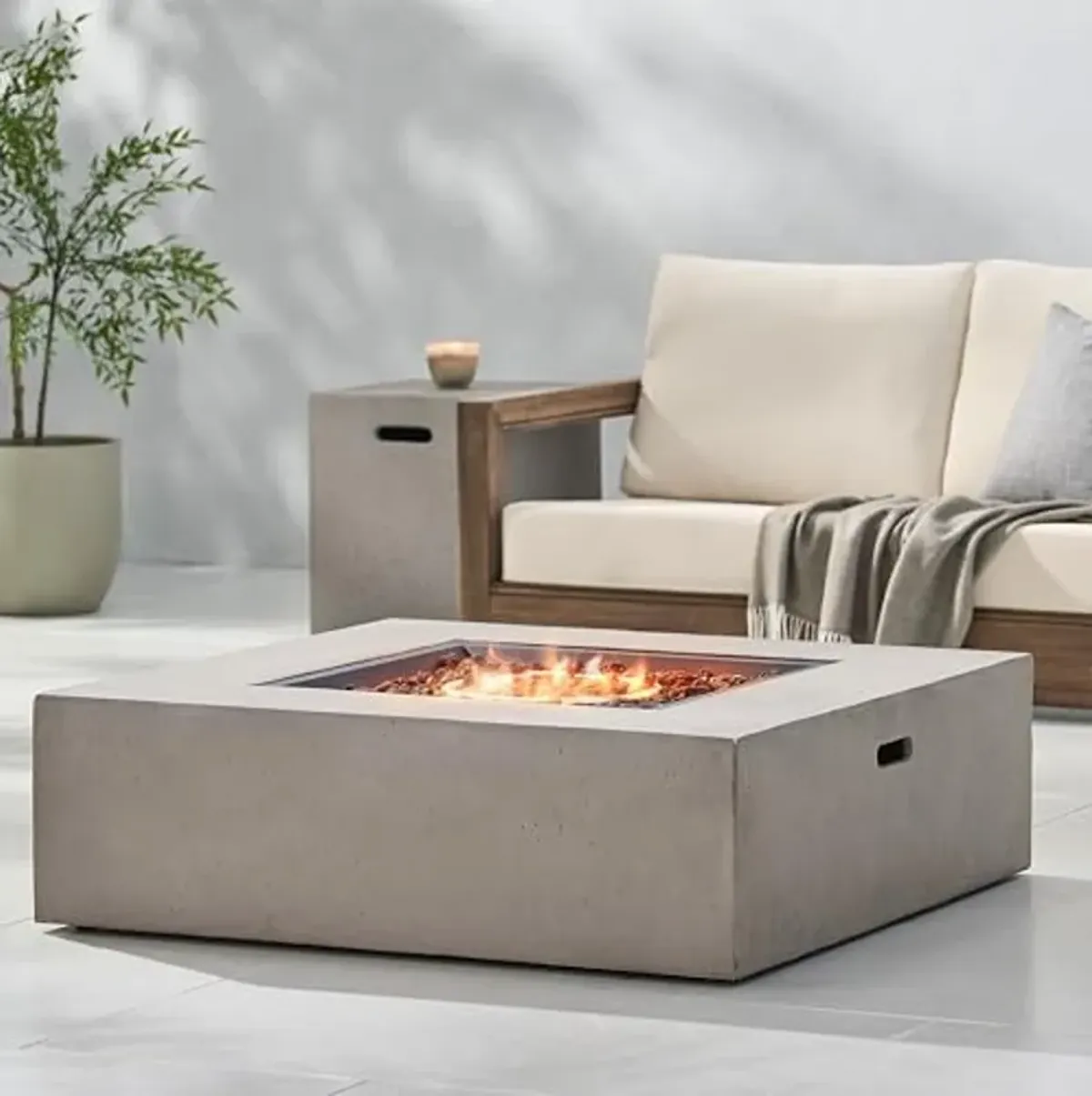 Christopher Knight Home Aidan Light Grey Square 50K BTU Outdoor Gas Fire Pit Table with Tank Holder