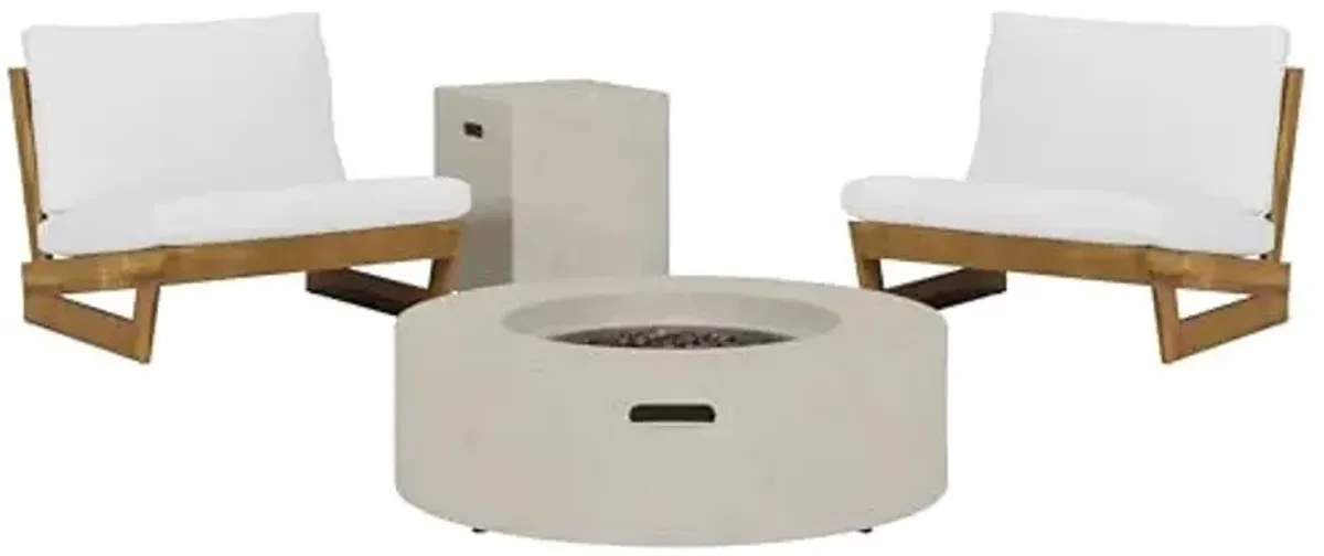 Christopher Knight Home Sherwood Acacia Wood Outdoor Lounge Chairs and 50,000 BTU Circular Propane Fire Pit, White, Teak, and Light Gray