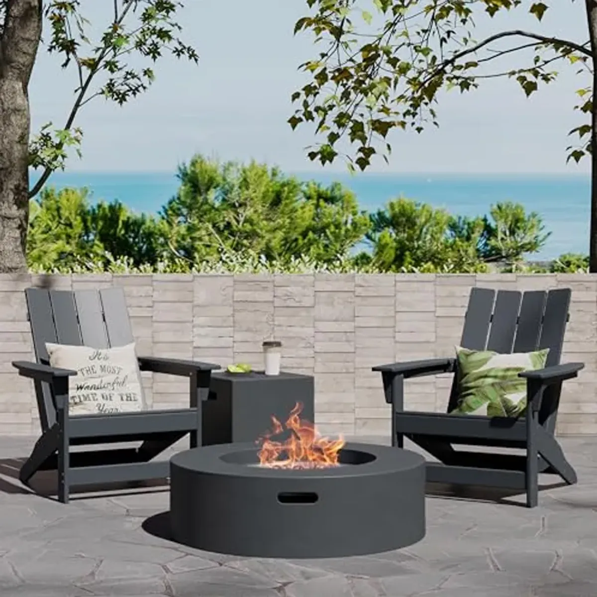 Christopher Knight Home Encino Outdoor Adirondack Chairs and 50,000 BTU Circular Propane Fire Pit, 30.5 "W x 32.5 "D x 37 "H, Black + Dark Gray